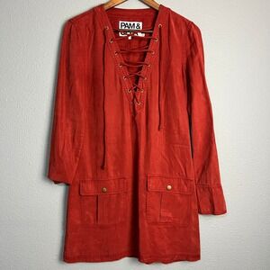 Pam & Gela Tunic Dress Lace Up Long Sleeve Pockets Faux Suede Rust Red Size P